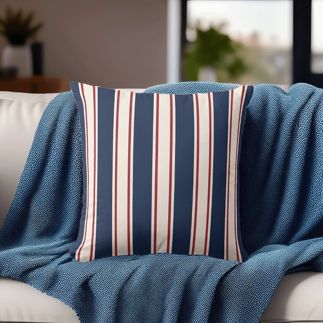 Blue, Red and Cream Vertical Cabana Stripe Throw Pillow (Creator Uploaded)