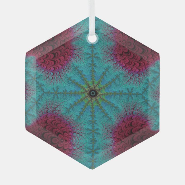 Blue Red and Green Starburst Fractal Suncatcher Glass Ornament (Front)