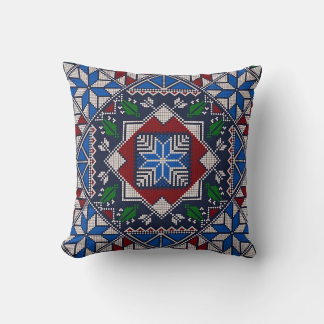 Blue,Red and Green Tatreez Pattern Throw Pillow (Front)