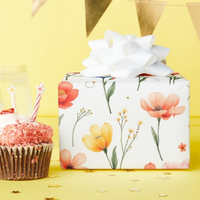Blue Red and Pink Flowers Wrapping Paper (Birthday Party)