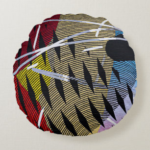Blue red and white abstract painting round pillow
