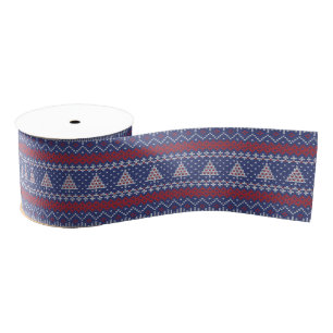 Blue Red and White Christmas Tree Knitted Pattern Grosgrain Ribbon