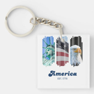 Blue Red and White Fragmented America Art Keychain