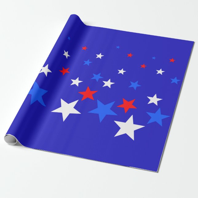 Blue, Red and White Star Pattern Wrapping Paper (Unrolled)