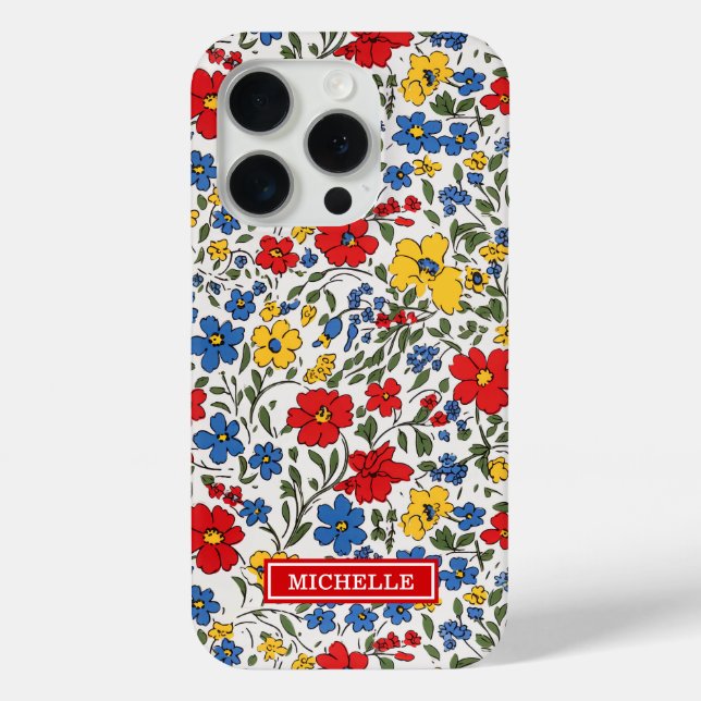 Blue Red and Yellow Ditsy Flowers Monogrammed Case-Mate iPhone Case (Back)