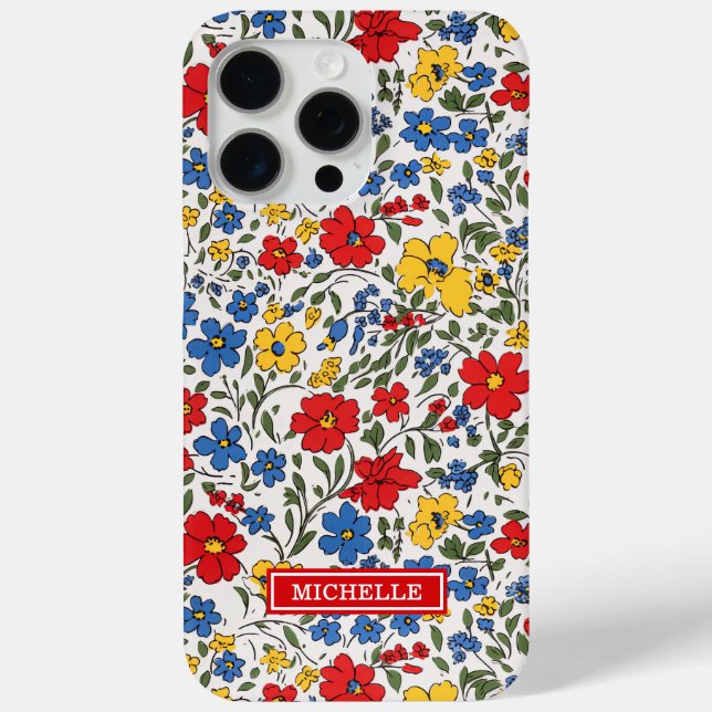 Blue Red and Yellow Ditsy Flowers Monogrammed Case-Mate iPhone Case (Back)