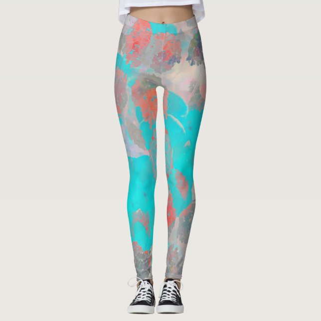 Blue red art of romantic floral / flower pattern leggings (Front)