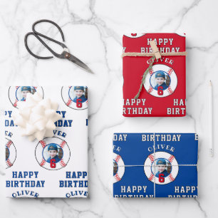 Blue Red Baseball Ball Kids Birthday Photo Wrapping Paper Sheet