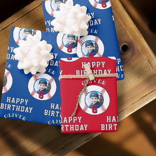 Blue Red Baseball Ball Kids Birthday Photo Wrapping Paper Sheet