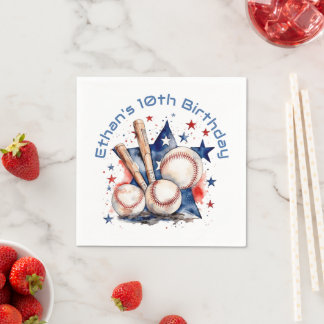 Blue Red Baseball Bat Ball Name BIrthday Party Napkin