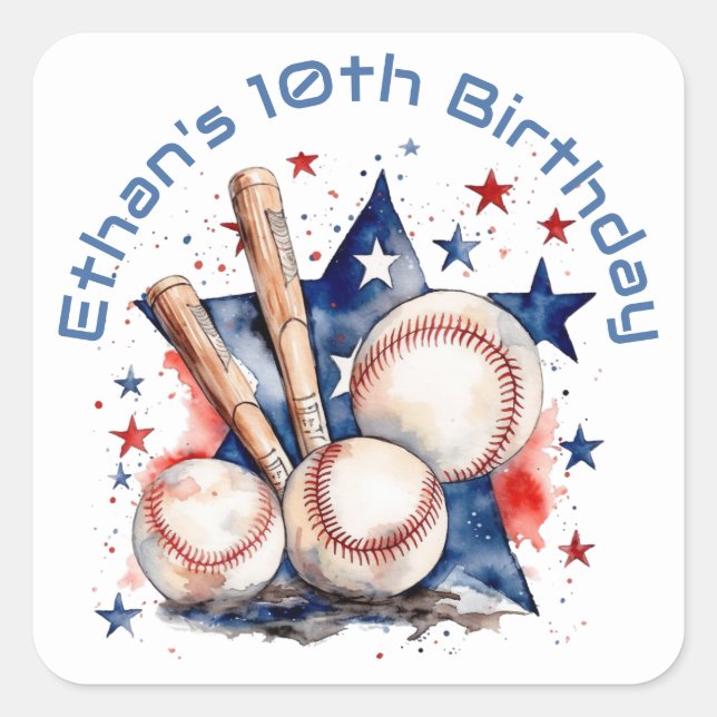 Blue Red Baseball Bat Ball Name BIrthday Party Square Sticker (Front)