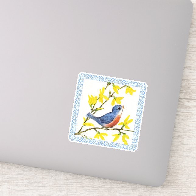 Blue Red Bird Branch Yellow Flowers Blue Border (Detail)