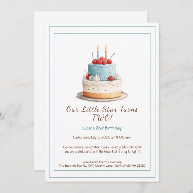 Blue & Red Birthday Cake – 2nd Birthday Invitation (Front/Back)