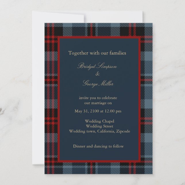 blue red black scottish celtic tartan pattern invitation (Front)