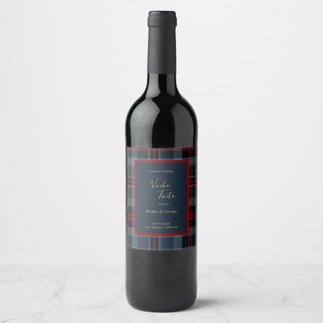 blue red black scottish celtic tartan pattern wine label (Front)