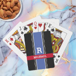 Blue Red & Black Stripes, Bold Monogram & Name Playing Cards<br><div class="desc">Personalize white monogram and light grey name in bold text on medium blue,  red and black stripes.</div>