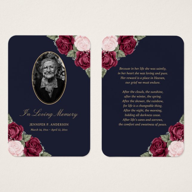Blue Red Blush Pink Floral Funeral Prayer Card (Front & Back)