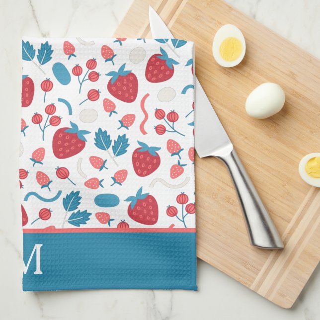 Blue Red Boho Strawberry Pattern Monogram Kitchen Towel (Quarter Fold)