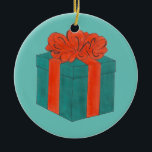 Blue Red Bow Wrapped Holiday Christmas Gift Box Ceramic Ornament<br><div class="desc">Featuring an original marker illustration of a gift box wrapped in blue wrapping paper, with a big red bow on top. Perfect for Christmas! This illustration is also available on other products. Don't see what you're looking for? Need help with customization? Contact Rebecca to have something designed just for you....</div>