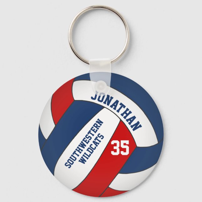 blue red boys name w team colours volleyball keychain (Front)