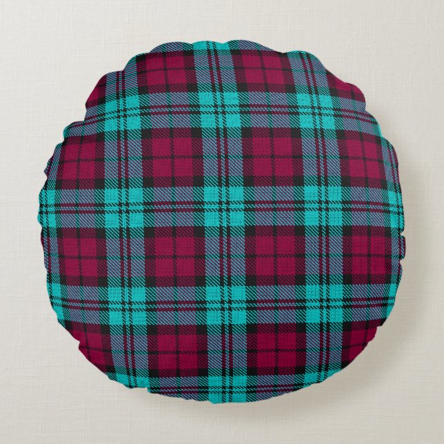 Blue Red Campbell Tartan Blackwatch Plaid Round Pillow (Front)