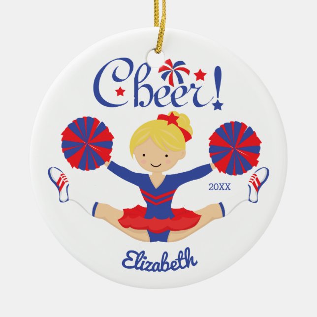 Blue Red Cheer Blonde Cheerleader Personalized Ceramic Ornament (Front)