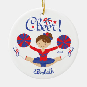Blue Red Cheer Brunette Cheerleader Personalized Ceramic Ornament