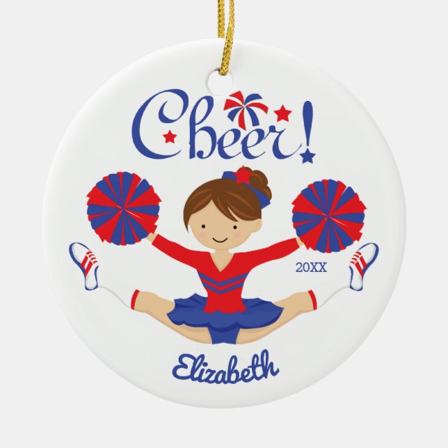 Blue Red Cheer Brunette Cheerleader Personalized Ceramic Ornament (Front)
