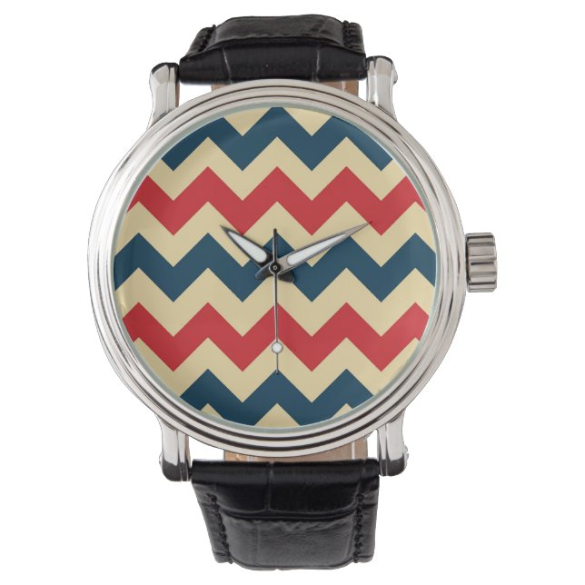 Blue Red Chevron Zigzap Pattern Watch (Front)