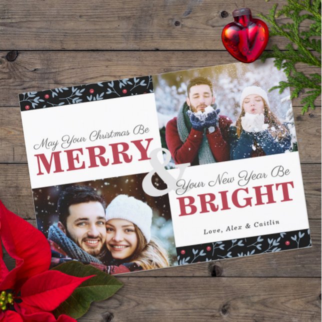 Blue & Red Christmas Greenery Pattern 2-Photo Card (Blue and Red Merry & Bright Holiday Cards with 2 Photos )
