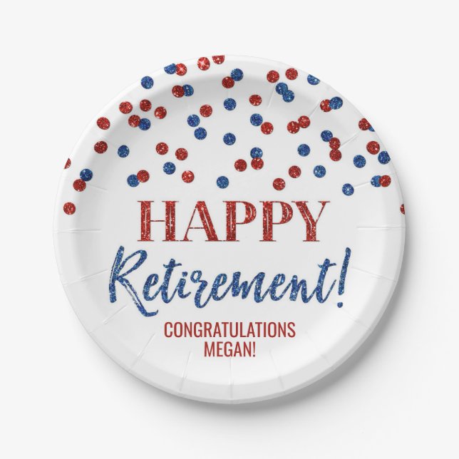 Blue Red Confetti Happy Retirement Paper Plate (Front)