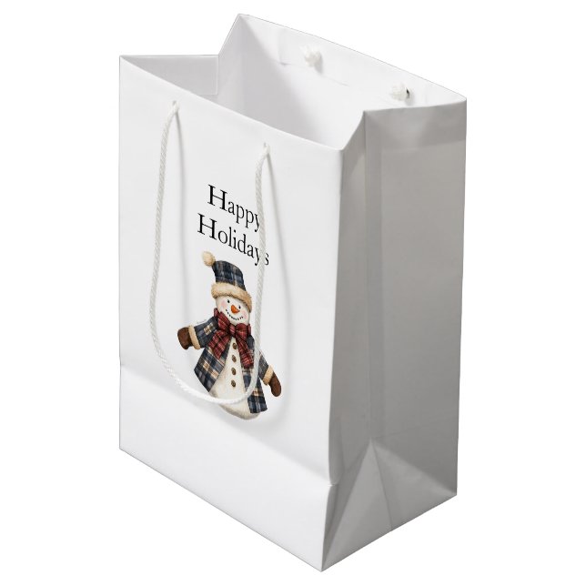 Blue Red Country Christmas Snowman Medium Gift Bag (Front Angled)