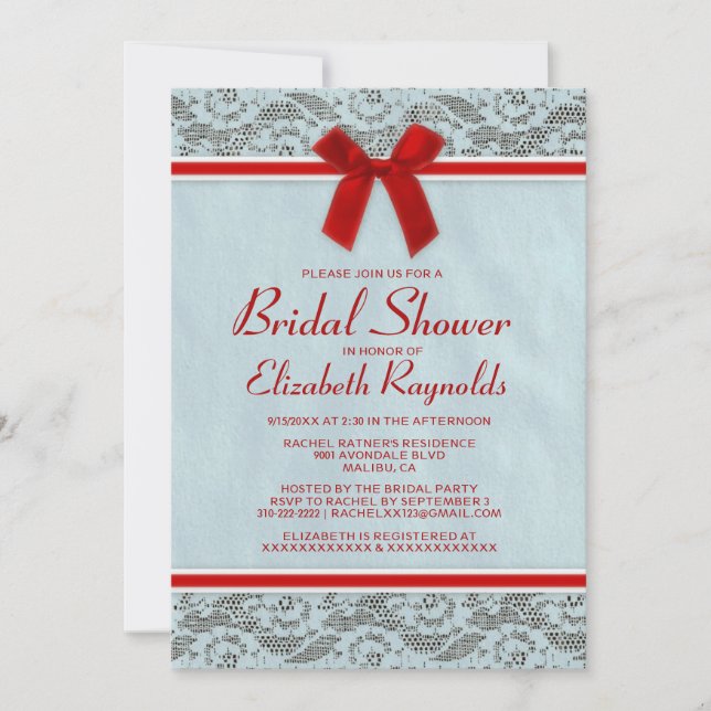 Blue & Red Country Lace Bridal Shower Invitations (Front)