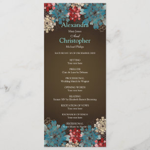 Blue Red & Cream Flowers Retro Wedding Program