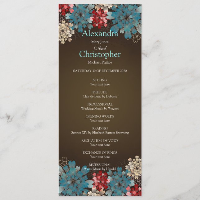 Blue Red & Cream Flowers Retro Wedding Program (Front)