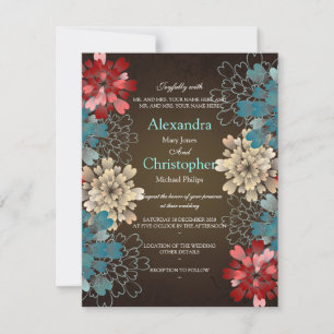Blue Red & Cream Flowers Retro Wedding S2 Invitation