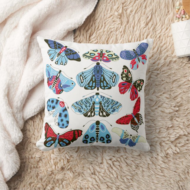 Blue Red Cream moths and butterflies Throw Pillow (Blanket)