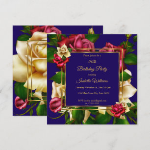 Blue Red cream Rose floral Gold Birthday Party Invitation