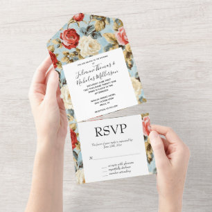 Blue Red Cream Rose Floral Wedding All In One Invitation