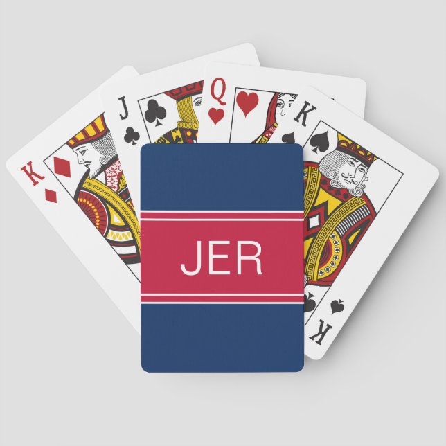 Blue & Red Custom Personalized Monogram Initials Playing Cards (Back)