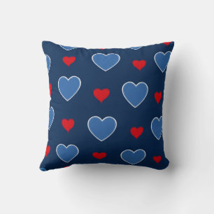 Blue Red Cute Cozy Modern Romantic Chic Heart Throw Pillow