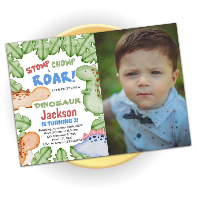 Blue Red Dinosaur Anniversaire Invitations avec ph (Créateur téléchargé)