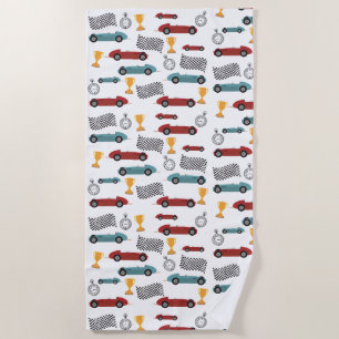 Blue & Red Fast Retro Vintage Racing Cars Beach Towel