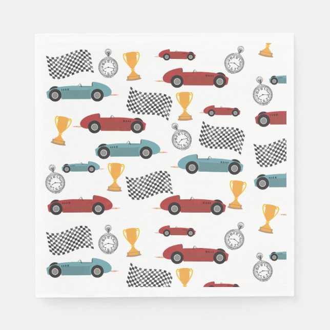 Blue & Red Fast Retro Vintage Racing Cars Napkin (Front)