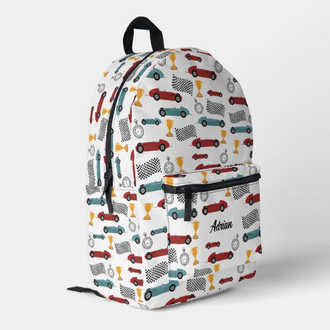 Blue & Red Fast Retro Vintage Racing Cars School Printed Backpack (Back Corner Left)