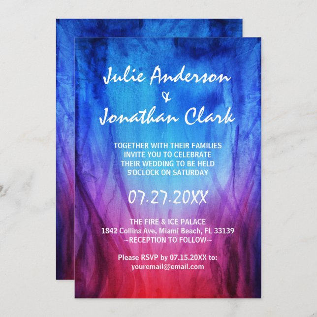 Blue & Red Fire Flames Wedding Invitation Template (Front/Back)