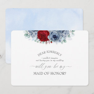 Blue Red Floral Maid of Honour Bridesmaid Proposal Invitation