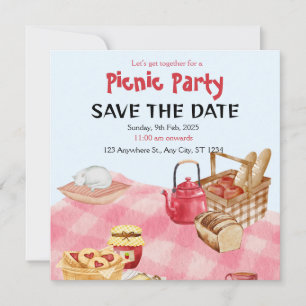 Blue Red Floral Picnic Party Save The Date Card