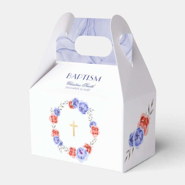 Blue Red Floral Wreath Boy Girl Baptism Favor Box (Front Side)