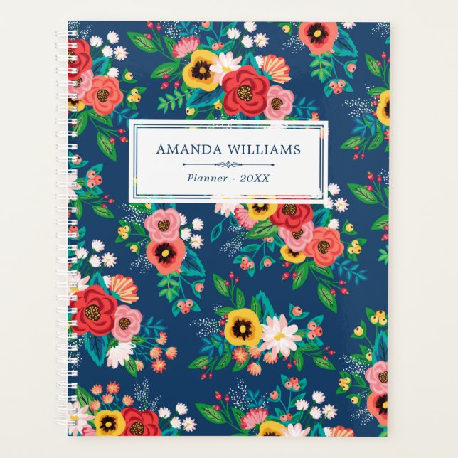Blue & Red Folk Boho Floral Pattern - Add Name Planner (Front)